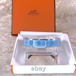 Vintage Hermes Bangle Bracelet Blue Enamel Snowflakes Silver Rim Size 65 withCase