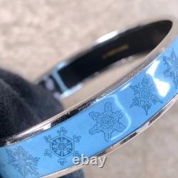 Vintage Hermes Bangle Bracelet Blue Enamel Snowflakes Silver Rim Size 65 withCase