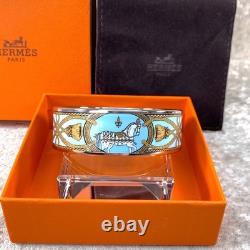 Vintage Hermes Bangle Bracelet Light Blue Enamel Horse Silver Rim Size 65 withBox