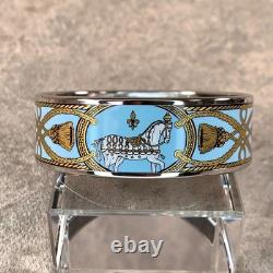 Vintage Hermes Bangle Bracelet Light Blue Enamel Horse Silver Rim Size 65 withBox