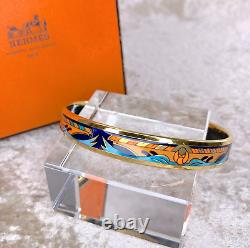 Vintage Hermes Bangle Bracelet Navy Blue Orange Enamel Gold Rim Size 65 with Case