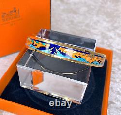 Vintage Hermes Bangle Bracelet Navy Blue Orange Enamel Gold Rim Size 65 with Case