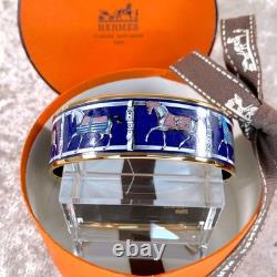 Vintage Hermes Bangle Bracelet Navy Enamel Horse Paddock Gold Rim 65 withCase