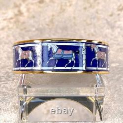Vintage Hermes Bangle Bracelet Navy Enamel Horse Paddock Gold Rim 65 withCase