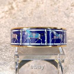 Vintage Hermes Bangle Bracelet Navy Enamel Horse Paddock Gold Rim 65 withCase