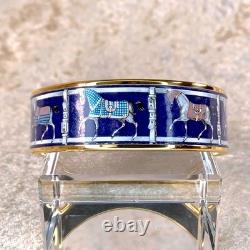Vintage Hermes Bangle Bracelet Navy Enamel Horse Paddock Gold Rim 65 withCase