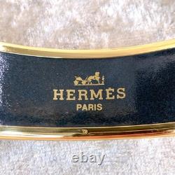 Vintage Hermes Bangle Bracelet Navy Enamel Horse Paddock Gold Rim 65 withCase