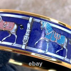 Vintage Hermes Bangle Bracelet Navy Enamel Horse Paddock Gold Rim 65 withCase