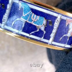 Vintage Hermes Bangle Bracelet Navy Enamel Horse Paddock Gold Rim 65 withCase