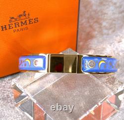 Vintage Hermes Clic Clac Bangle Bracelet Blue Enamel Stars Moon Gold GM withBox