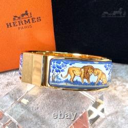 Vintage Hermes Clic Clac Bangle Bracelet Safari Lion Enamel Gold Size GM withBox