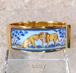 Vintage Hermes Clic Clac Bangle Bracelet Safari Lion Enamel Gold Size GM withBox