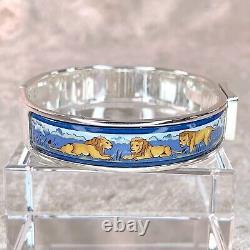 Vintage Hermes Clic Clac Bangle Bracelet Safari Lion Enamel Silver Size PM withBox