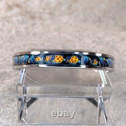 Vintage Hermes Enamel Bangle Bracelet Black Blue Fish Silver Rim Size 65 /Pouch