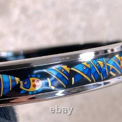 Vintage Hermes Enamel Bangle Bracelet Black Blue Fish Silver Rim Size 65 /Pouch