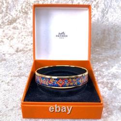 Vintage Hermes Enamel Bangle Bracelet Blue Black Enamel Gold Rim Size 70 withCase