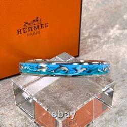 Vintage Hermes Enamel Bangle Bracelet Blue Enamel Dolphin Silver Rim 65 withBox