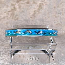 Vintage Hermes Enamel Bangle Bracelet Blue Enamel Dolphin Silver Rim 65 withBox