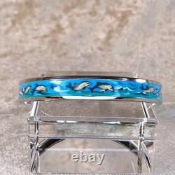 Vintage Hermes Enamel Bangle Bracelet Blue Enamel Dolphin Silver Rim 65 withBox