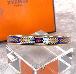 Vintage Hermes Enamel Bangle Bracelet Blue Enamel Gold Rim Size 70 with Box