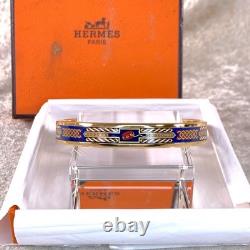 Vintage Hermes Enamel Bangle Bracelet Blue Enamel Gold Rim Size 70 with Box