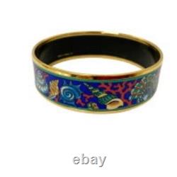 Vintage Hermes Enamel Bangle Bracelet Blue Enamel Horse Gold Rim Size 70