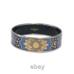 Vintage Hermes Enamel Bangle Bracelet Blue Enamel Horse Gold Rim Size 70