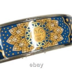 Vintage Hermes Enamel Bangle Bracelet Blue Enamel Horse Gold Rim Size 70