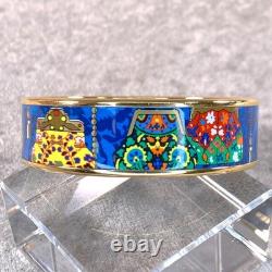 Vintage Hermes Enamel Bangle Bracelet Blue Enamel Pouch Motif Gold Rim 65