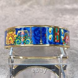 Vintage Hermes Enamel Bangle Bracelet Blue Enamel Pouch Motif Gold Rim 65