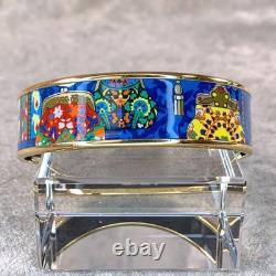 Vintage Hermes Enamel Bangle Bracelet Blue Enamel Pouch Motif Gold Rim 65