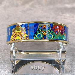 Vintage Hermes Enamel Bangle Bracelet Blue Enamel Pouch Motif Gold Rim 65