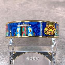 Vintage Hermes Enamel Bangle Bracelet Blue Enamel Pouch Motif Gold Rim 65