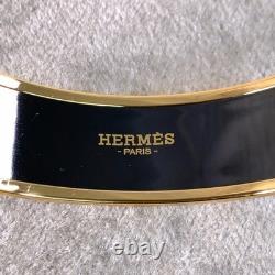 Vintage Hermes Enamel Bangle Bracelet Blue Enamel Pouch Motif Gold Rim 65