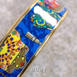 Vintage Hermes Enamel Bangle Bracelet Blue Enamel Pouch Motif Gold Rim 65