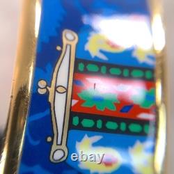 Vintage Hermes Enamel Bangle Bracelet Blue Enamel Pouch Motif Gold Rim 65