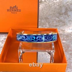 Vintage Hermes Enamel Bangle Bracelet Blue Enamel Seahorse Gold Rim 65 withBox