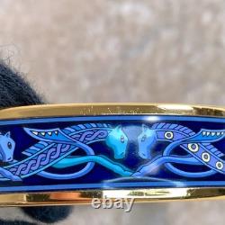 Vintage Hermes Enamel Bangle Bracelet Blue Enamel Seahorse Gold Rim 65 withBox
