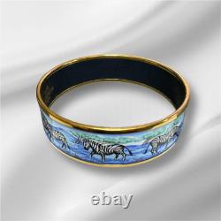 Vintage Hermes Enamel Bangle Bracelet Blue Enamel Zebra Gold Finish withBox