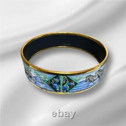 Vintage Hermes Enamel Bangle Bracelet Blue Enamel Zebra Gold Finish withBox