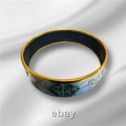 Vintage Hermes Enamel Bangle Bracelet Blue Enamel Zebra Gold Finish withBox