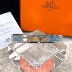 Vintage Hermes Enamel Bangle Bracelet Blue Grey Enamel Sun Silver Rim 65 withBox