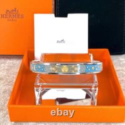 Vintage Hermes Enamel Bangle Bracelet Blue Grey Enamel Sun Silver Rim 65 withBox