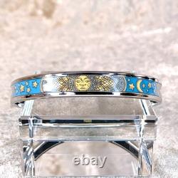 Vintage Hermes Enamel Bangle Bracelet Blue Grey Enamel Sun Silver Rim 65 withBox
