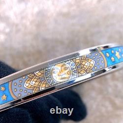 Vintage Hermes Enamel Bangle Bracelet Blue Grey Enamel Sun Silver Rim 65 withBox