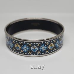 Vintage Hermes Enamel Bangle Bracelet Blue Grey Enamel with flower design No Box