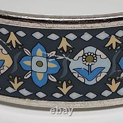 Vintage Hermes Enamel Bangle Bracelet Blue Grey Enamel with flower design No Box
