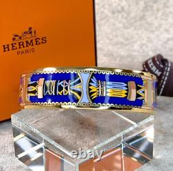 Vintage Hermes Enamel Bangle Bracelet Blue Purple Enamel Gold Rim Size 70 with Box