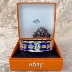 Vintage Hermes Enamel Bangle Bracelet Blue Purple Enamel Gold Rim Size 70 with Box