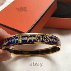 Vintage Hermes Enamel Bangle Bracelet Gold × Blue with Box From Japan Auth